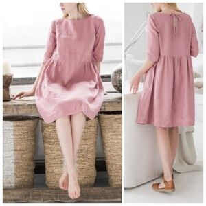 Magic Linen Siracusa Gathered Waist Linen Midi Babydoll Dress Dusty Rose Medium